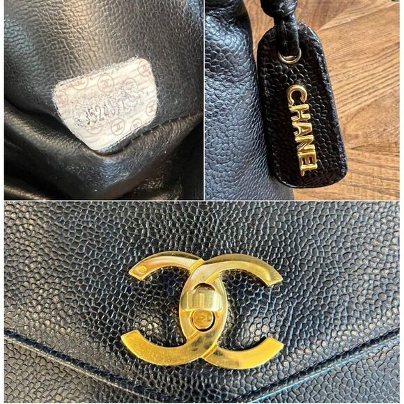 Authentic Vintage CHANEL Black Caviar Leather CC Logo Turn Lock Chain St… - Picture 13 of 15